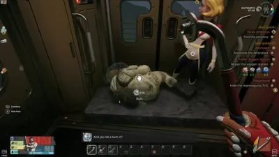 Breathedge 2 station interior with the blonde attendant character visible beside the teddy-like object