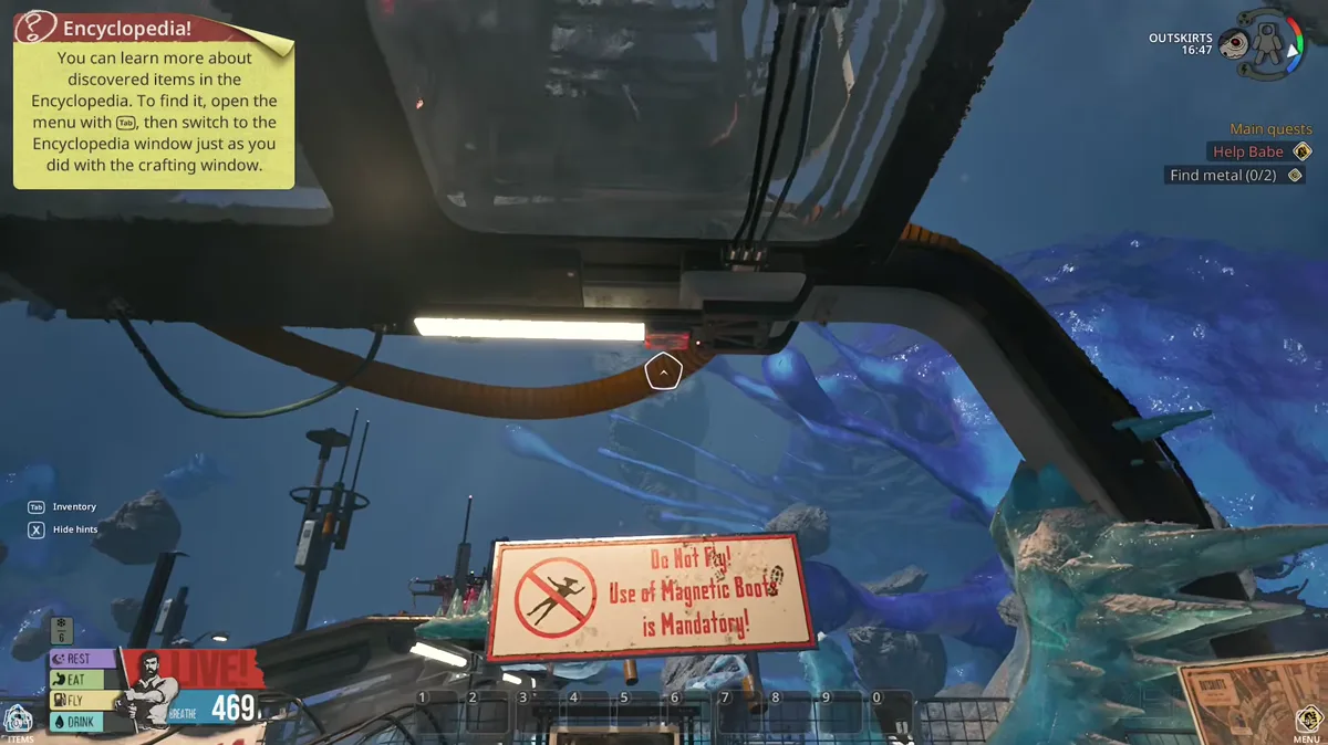 Crashed space train cockpit and pantograph power lever in Breathedge 2 Outskirts.