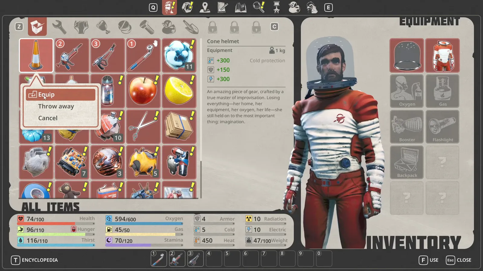 Equipping the bright orange traffic cone onto the protagonist head in Breathedge 2 for the Conehead achievement