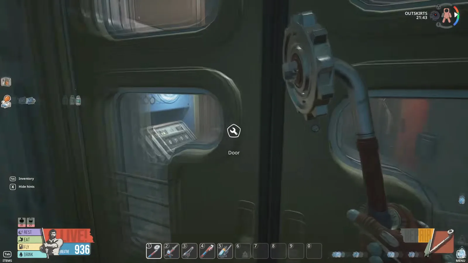 Keypad on the front train door showing code 0861 being entered in Breathedge 2 for the Hacker achievement