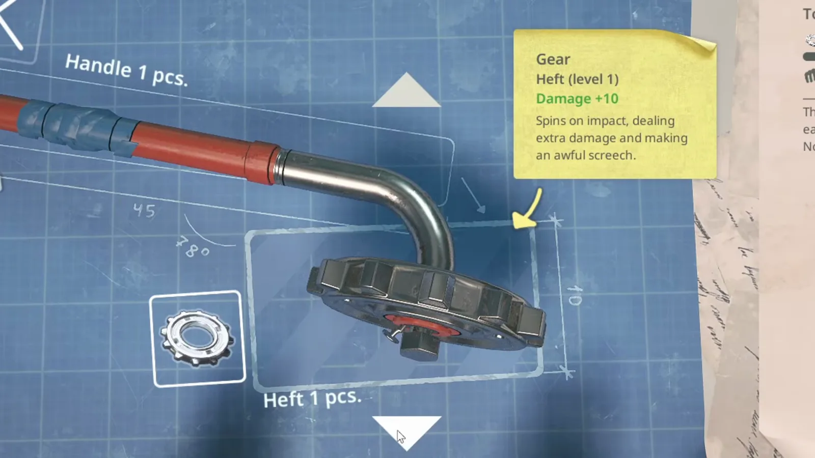 Workbench car module listing Heft, Edge, Handle, Protection, and Container upgrade paths for equipped Breathedge 2 tools.