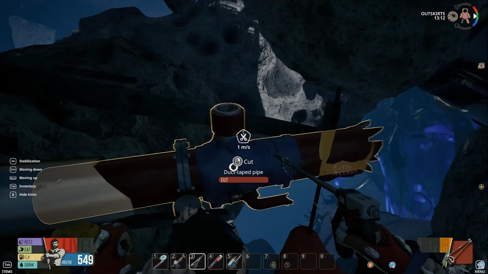 Cutter Tool aiming at a Duct-taped pipe in Breathedge 2, with the Cut prompt showing the only verb that harvests tape.