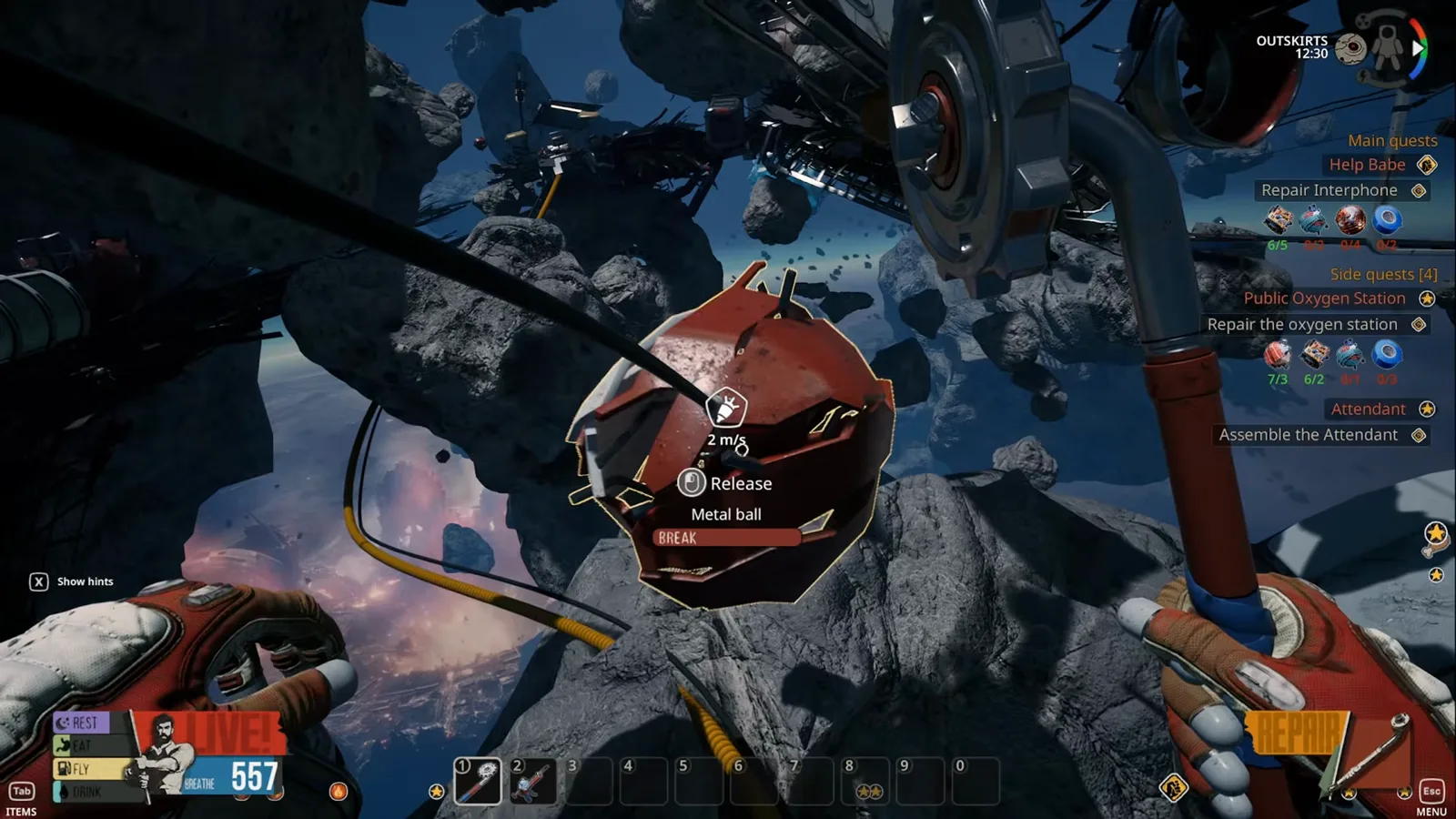 A floating Metal ball locked in the crosshair with the Break interaction prompt and the Scrap Tool equipped.