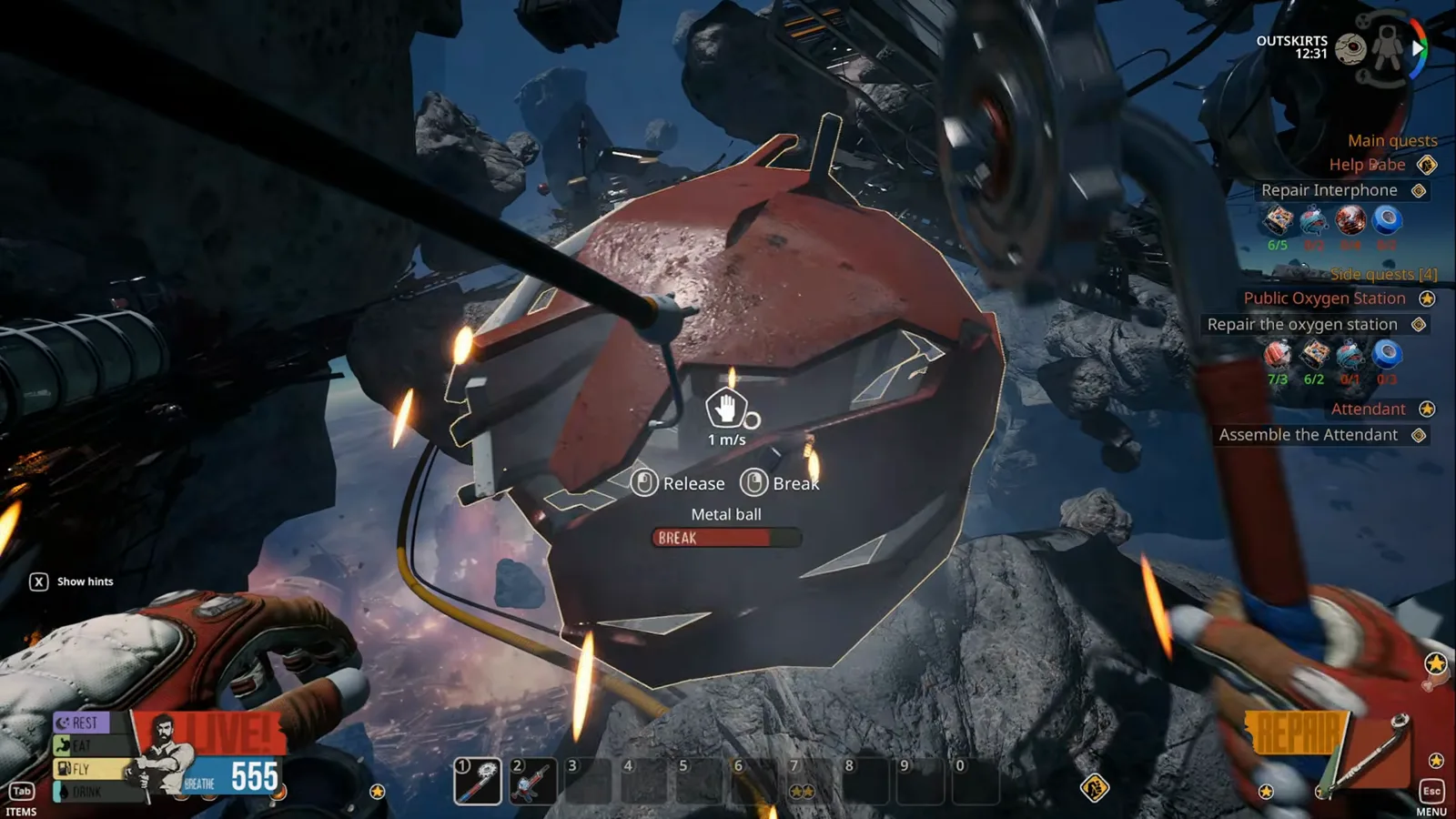 The Scrap Tool mid-swing throwing sparks off a red Metal ball in Breathedge 2.