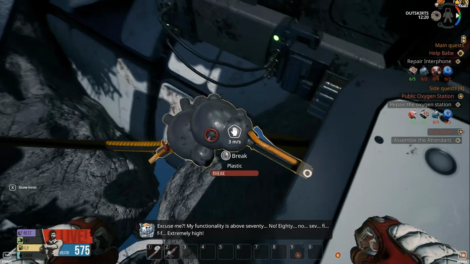 A Breathedge 2 plastic node shows its bubbly lumpy shape on an antenna mount, with the game's own Break and Plastic prompt confirming exactly what it is.