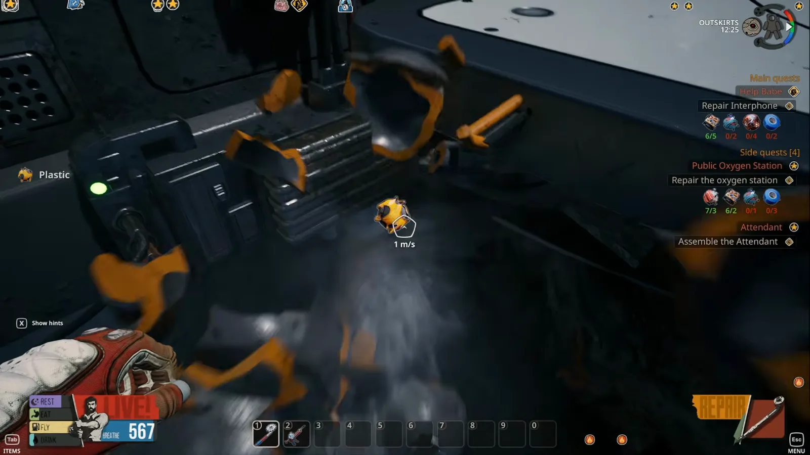 A shattered Breathedge 2 plastic node bursts into orange fragments as the Plastic pickup notification appears on the left of the screen.