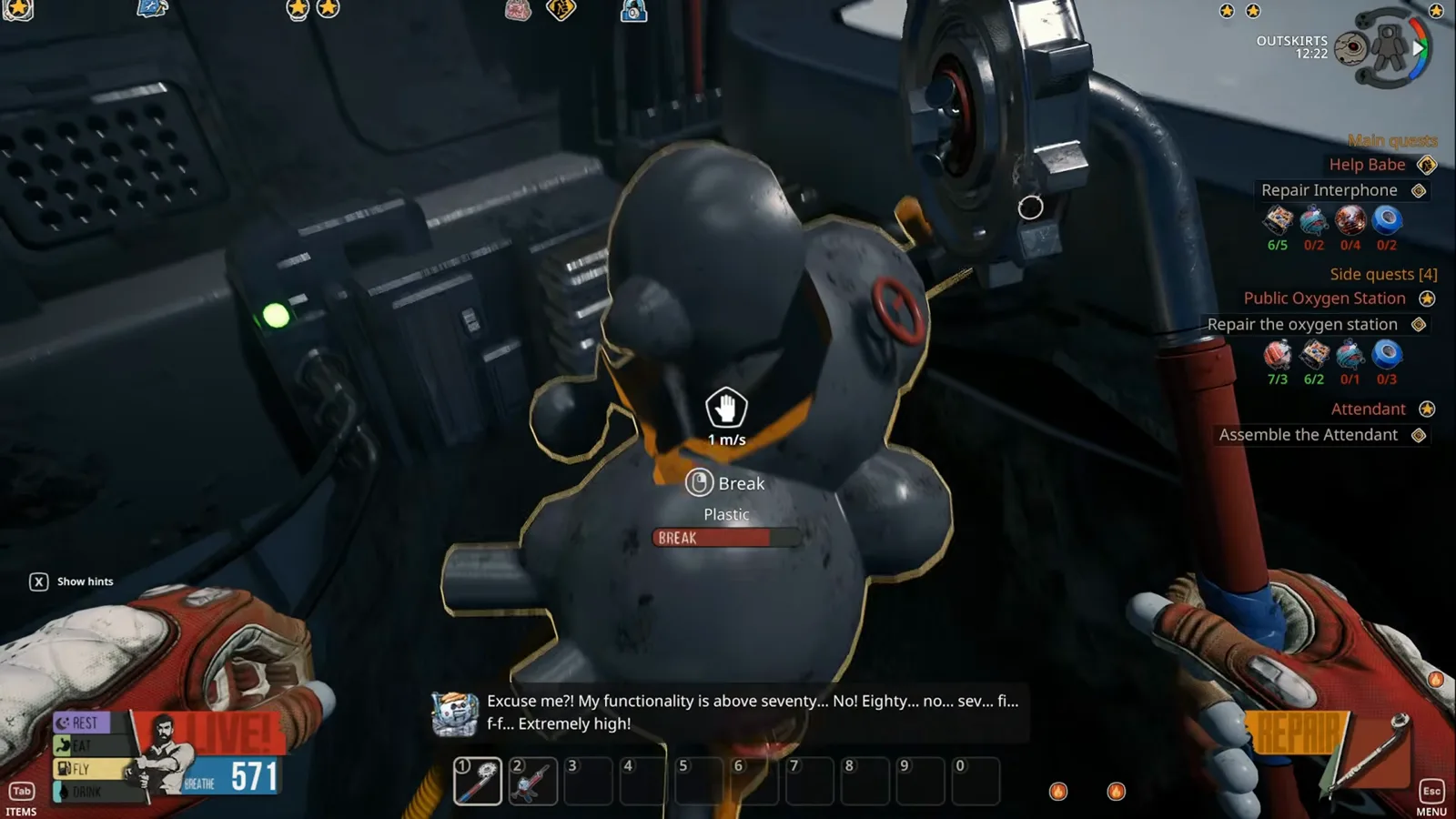 The player strikes a Breathedge 2 plastic node with the Scrap Tool while the Break progress bar fills across the bubbly silhouette.