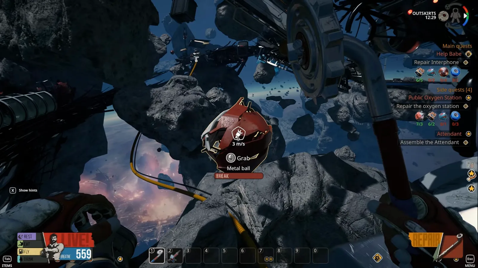 A large round Metal deposit floating in open space in Breathedge 2, ready to be struck with the Scrap Tool.