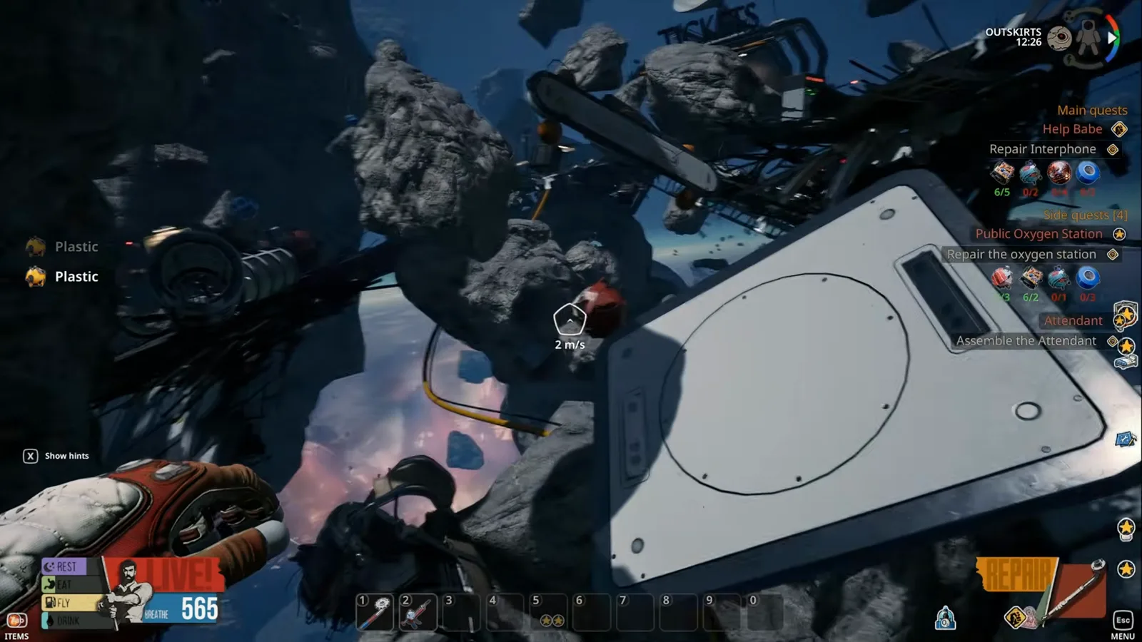 A bubbly black Plastic node attached to the outer hull of a space station structure in Breathedge 2.