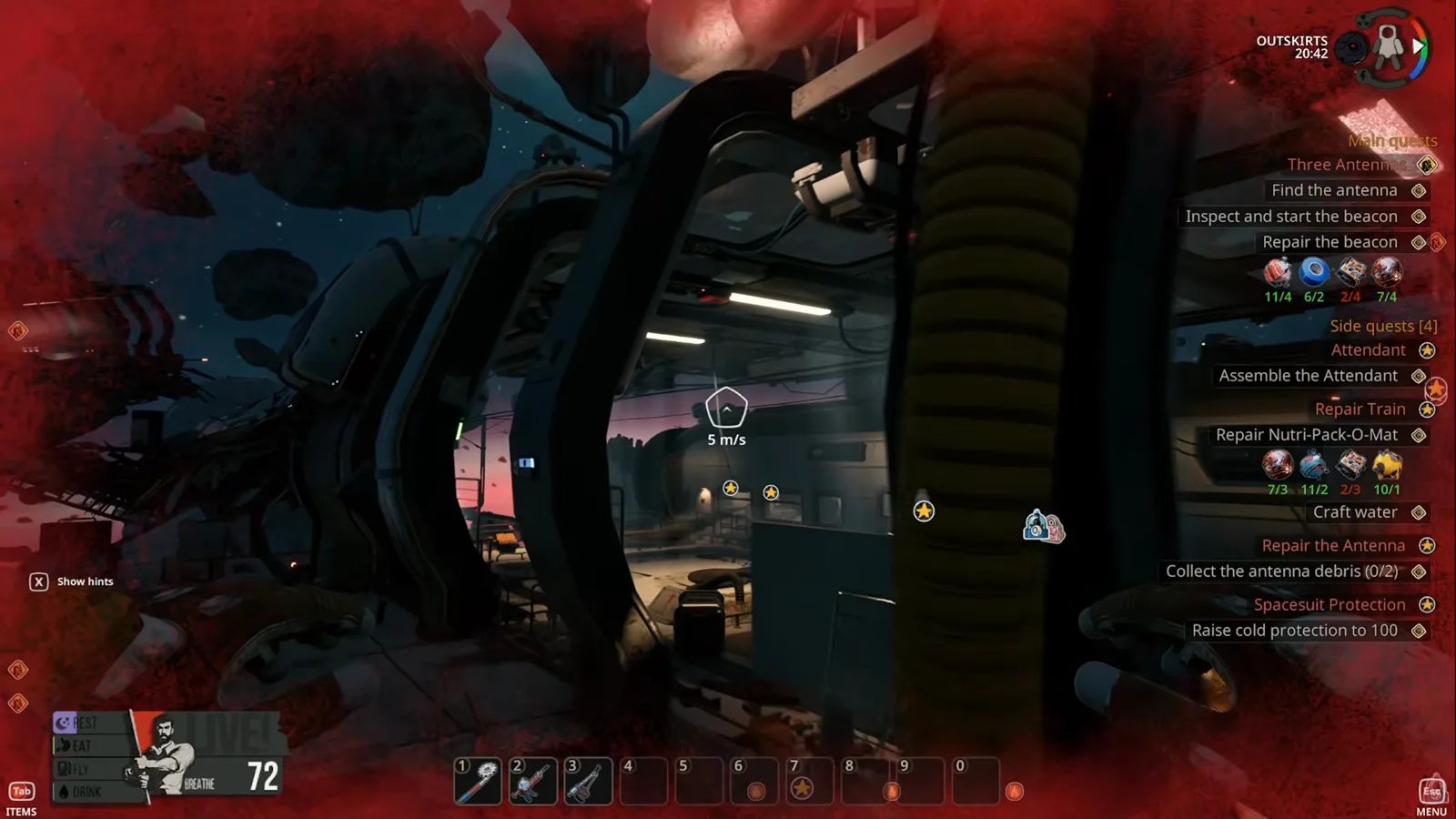 Red-screen thirst warning filling the screen edges inside the Breathedge 2 train while survival needs drain.
